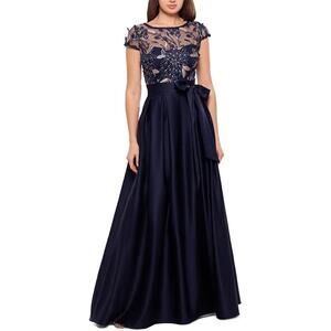 Xscape Navy Embroidered 3D Flower Bodice Bow Satin Evening Ballgown Plus 18W